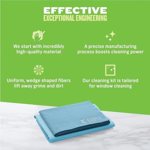 E-Cloth 2-Pack Window Cleaning Cloth - Streak-Free Glass & Mirror Cleaning Kit with Just Water, Glass Cleaning Cloth, Microfiber Towel Kit for Windows, Car Windshield, Mirrors - Alaskan Blue