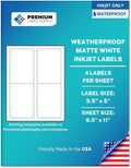 Premium Label Supply Waterproof Matte White Sticker Labels – 3.5" x 5" – Inkjet Printers Only – (4 per Sheet), 1000 Sheets - 4,000 Total Adhesive Labels