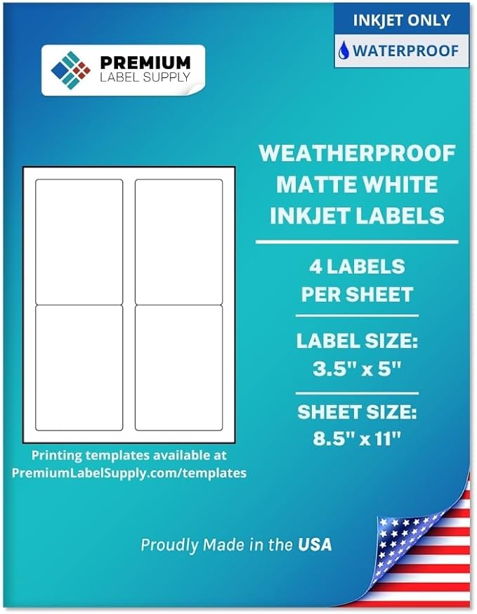 Premium Label Supply Waterproof Matte White Sticker Labels – 3.5" x 5" – Inkjet Printers Only – (4 per Sheet), 100 Sheets - 400 Total Adhesive Labels