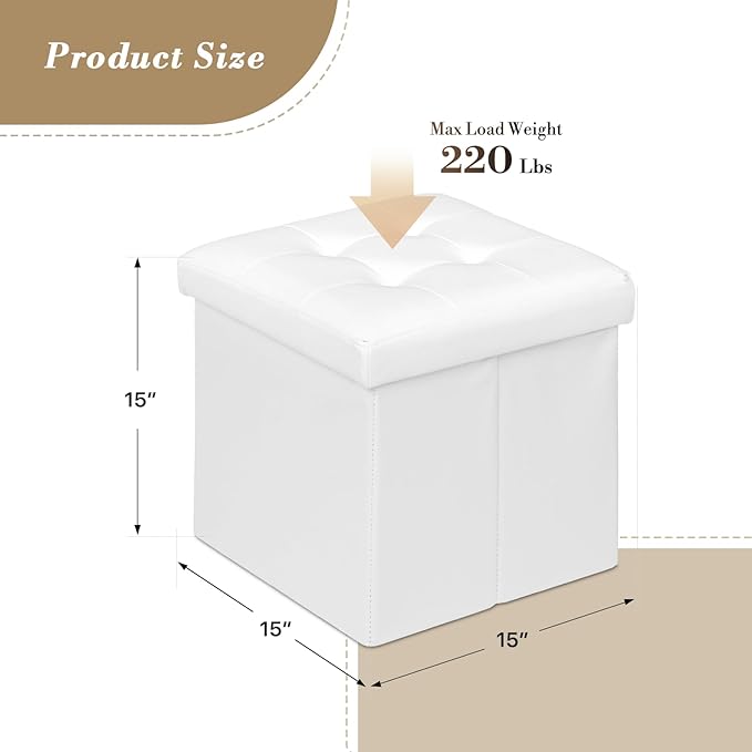 Athena Collection 15" Storage Ottoman Bench Folding Bench with 40L Hidden Storage, Small Cube Ottoman PU Leather Foot Rest Stool Chest with Flipping Lid for Living Room, Bedroom, Entryway, White
