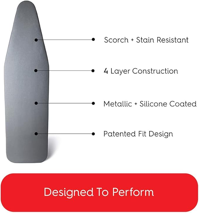 TIVIT Ironing Board Cover 12 x 44, Made in Italy. Pro Grip Pad Covers w/3 Fastener Straps & Pull Bungee Cord - Durable Scorch & Stain Resistant Padded Layers, Heat Reflective AlumiTek PRO Top Coat