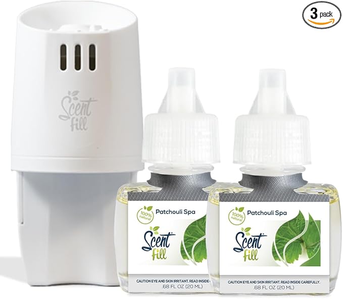 Scent Fill 100% Natural Patchouli Spa Plug in Air Freshener, Scented Oil Refills, 2 Refills + Diffuser