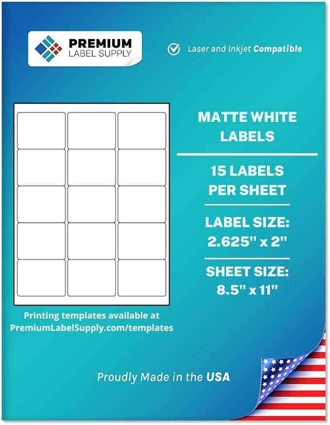 Premium Label Supply White Sticker Labels – 2.625" x 2" – Laser/Inkjet Compatible – (15 per Sheet), 2000 Sheets – 30,000 Total Adhesive Labels