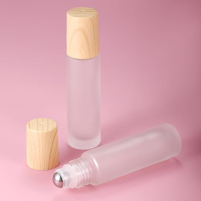 12 Pack Essential Oil Roller Bottles,10ml Empty Frosted Glass Roller Bottles with Stainless Steel Roller Balls and Caps Refillable Container for Perfume Roll on Bottles ( Wood Grain Plastic Caps)