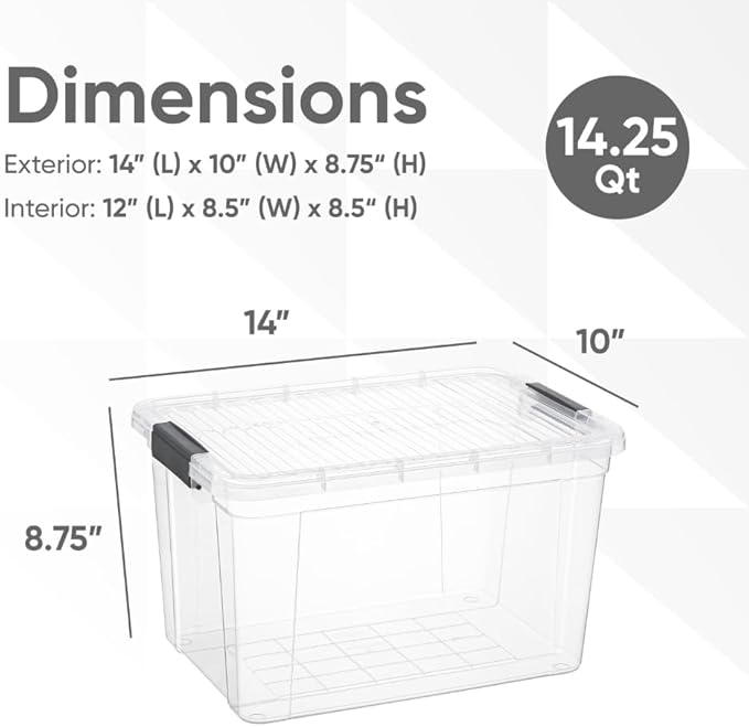 Superio Clear Storage Boxes with Lids, 14.25 Quart Plastic Container Bins for Organizing, Stackable Crates, BPA Free, Non Toxic, Odor Free, Organizers for Home, Office, School, and Dorm