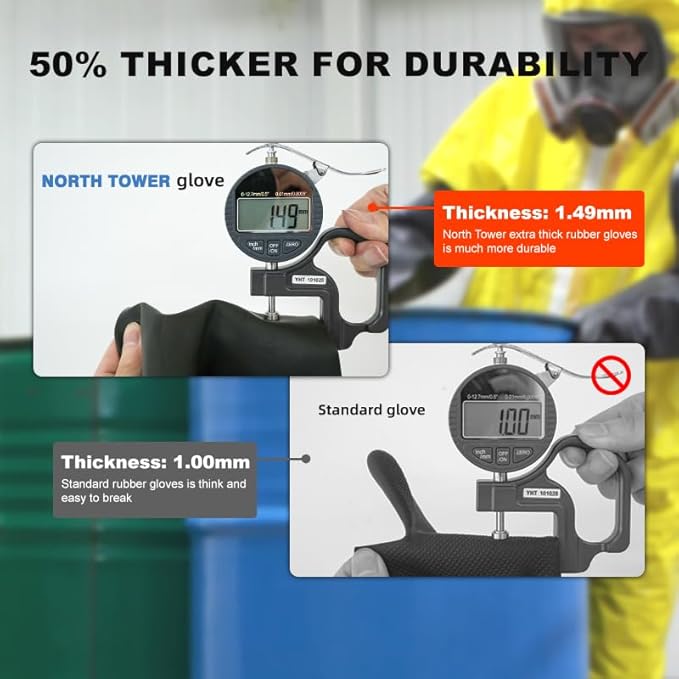 North Tower Heavy-Duty Latex Chemical Resistant Gloves - Reusable Long Rubber Dishwashing Gloves with Forearm Protection for Men - Waterproof, Industrial Safety Gear,18“，1 Pair