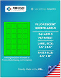 Premium Label Supply Bright Neon Color Fluorescent Sticker Labels - 1.5" x 1.5" Square Labels - (Fluorescent Green, 2,400 Labels)