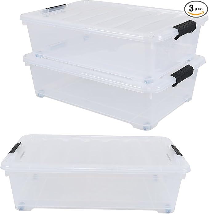 25 Quart Plastic Under Bed Storage Boxes, Wheeled UnderBed Storage Container, 3 Pack, Clear