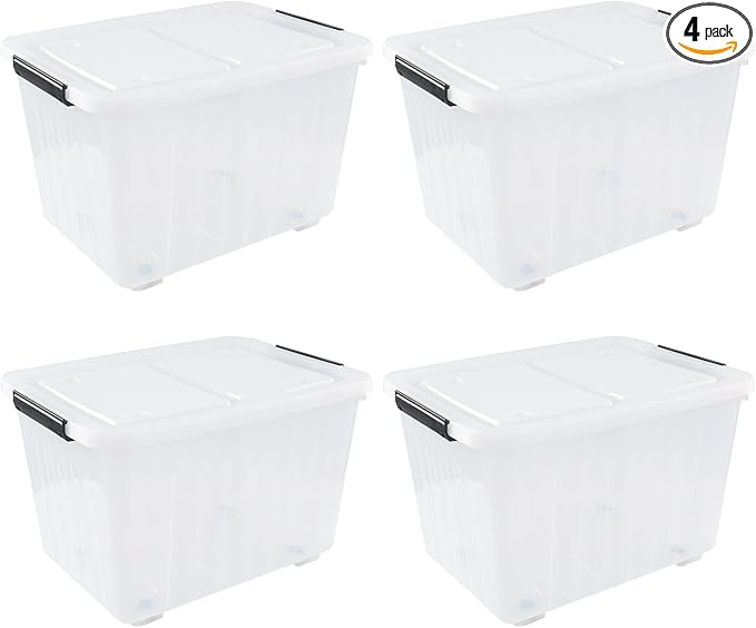 4-Pack 42 L Clear Plastic Storage Container Bin with Lids and Latch Buckle, Clear Storage Latch Box/Bin with Wheels