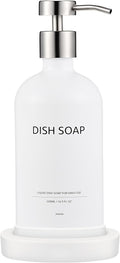 Glass Soap Dispenser Set by Janxin,Bathroom Soap Dispenser Set with Ceramic Tray,Luxury Bathroom Accessories,Modern Kitchen Decor (White+Silver(Dish Soap))
