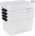 34 L Clear Plastic Storage Bins Box with Lid, Stackable Lidded Storage Bin Container with Wheels and Secure Latching Buckles, 4 Packs