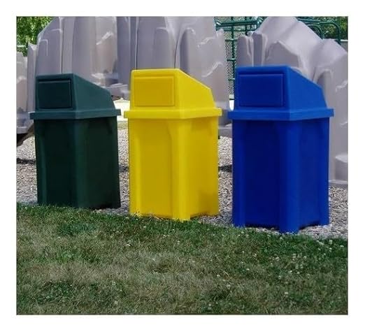 32 Gallon Square 100% Recycled Plastic Heavy Duty Commercial Outdoor or Indoor Trash Can with Push Lid - Great for Schools and Businesses - Beige Granite
