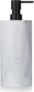 White Body Wash Dispenser Luxurious Refillable Pump Bottle with Embossed Text, Durable Construction for Bathroom and Kitchen