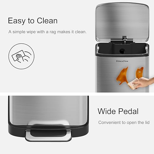 30 Liter/8 Gallon Step Trash Can with Inner Liner,Large Step Trash Bin with Silent Close Lid,Fingerprint Resistant Finish(Brushed Gray)