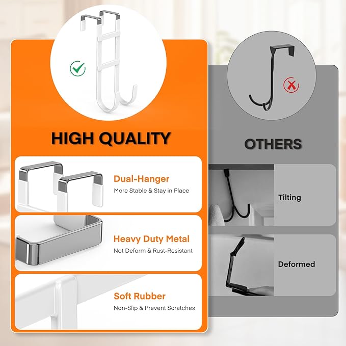 FYY Over The Door Hooks - 2 Pack Heavy Duty Dual-Hook Organizer Hanger with Non-Slip Rubber for Towels, Clothes, Hats & Bags Use in Bathroom, Bedroom, Kitchen - Fits Interior Doors Up to 1.6" White