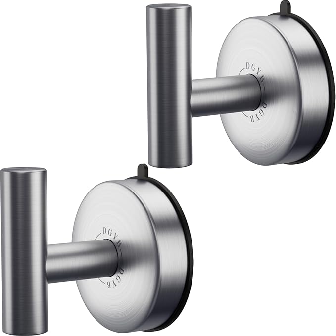 DGYB Large Suction Cup Hooks for Shower Set of 2 Brushed Nickel Towel Hooks for Bathrooms 11 Lbs Wall Hook for Hanging Coat, Robes, Loofah