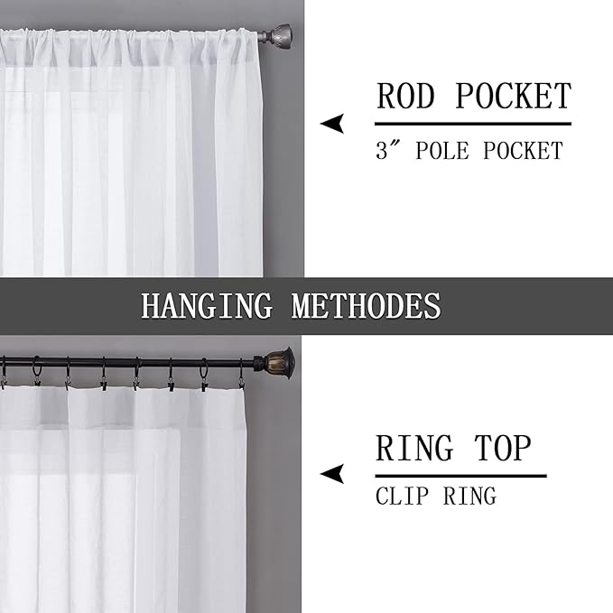Tollpiz Sheer Curtains Bedroom Linen Textured Curtain Sheers Light Filtering Voile Rod Pocket Curtains for Living Room, 38 x 84 inches Long, White, Set of 2 Panels