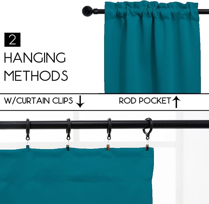 Pickluc Blackout Curtains 45 Inches Long 2 Panels, Room Darkening Tiers with Rod Pocket, Short Black Out Curtain for Small Window, 42" Wide and 45" Length, Set of Two, Teal.