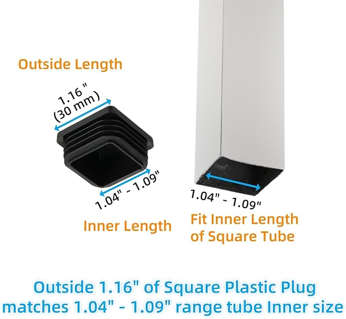 Furnigear Plastic Plugs Tubing End Cap Chair End Caps Outside Bottom Tubing Caps Square Furniture Sliders Glides Black (24, Fit 1.04-1.09" Square Tube Inner Size)