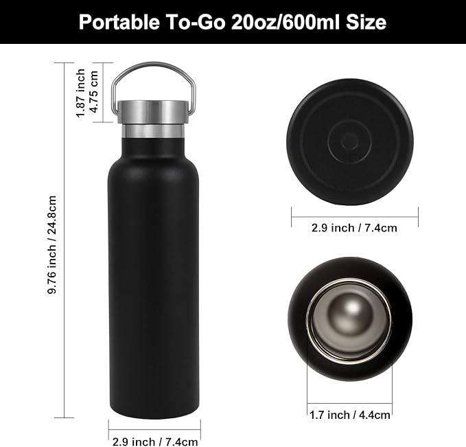 Neihepal 20 oz Insulated Water Bottles Bulk 4 Pack,Stainless Steel Double Wall Sport Bottle with Lid of Handle,Metal Reusable Thermoses Flask with Cup Cap for School,Hikers,Gift (Black,Set of 4)