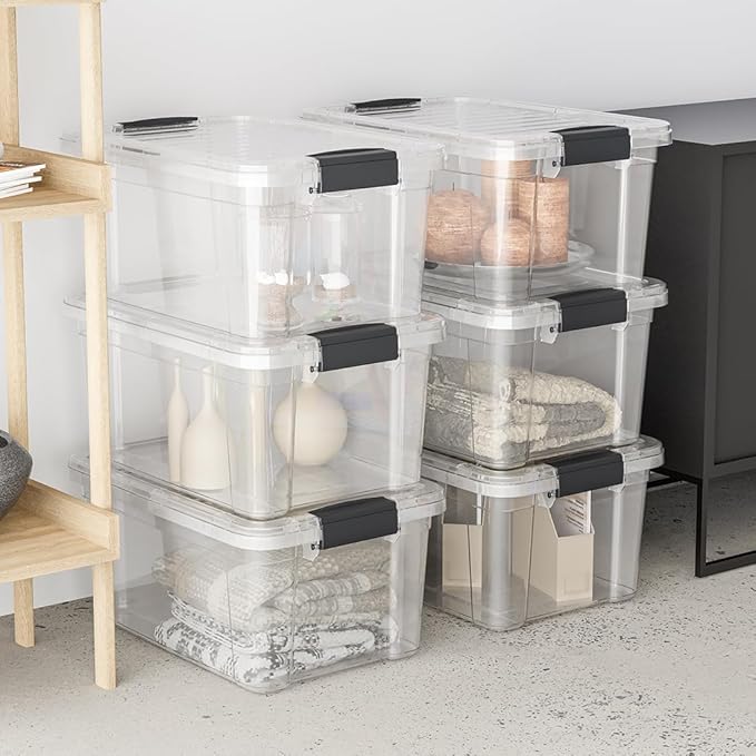 Superio Clear Storage Boxes with Lids, 26.5 Quart Plastic Container Bins for Organizing, Stackable Crates, BPA Free, Non Toxic, Odor Free, Organizers for Home, Office and Dorm, 4 Pack