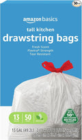 Amazon Basics 13 Gallon Flextra Strength Tall Kitchen Drawstring Trash Bags, Tear Resistant, Clean Fresh Scent, 10% Recycled Content, 50 Count