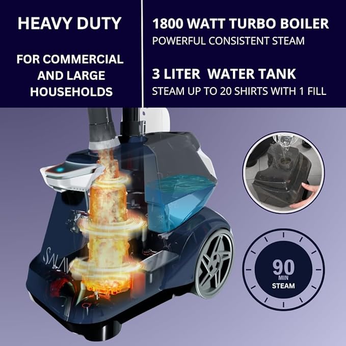 SALAV Commercial-Grade Standing Garment Steamer for Clothes with Auto-Off Safety 1800W Powerful Steam X-Large 3L Water Tank, 90-Min Continuous Use, Pedal-Control System, Beeps when Out of Water, Navy