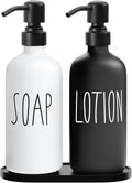 MOMEEMO Glass Soap Dispenser with Stainless Steel Pump, Contains Lotion Dispenser, Hand Soap Dispenser & Tray. (Black & White)