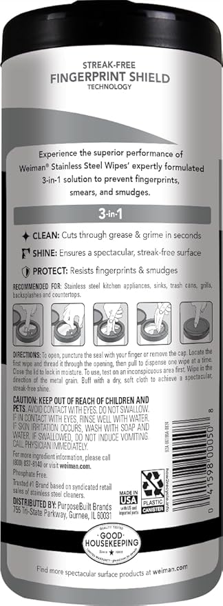 Weiman Stainless Steel Cleaner, 30 Count Cleaning Wipes, Removes Dirt, Grime, and Grease, No Streaks or Residue, Stainless Steel Polish for a Sparkling Clean and Shiny Surface, Cleaning Supplies