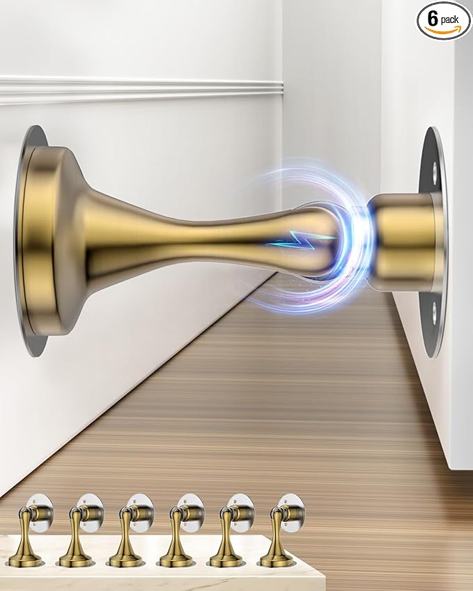 Door Stoppers Magnetic Door Catch - 6 Pack Stainless Steel Heavy Duty Door Stops for Bottom of Door, Wall & Floor Mounting No-Drill Strong Adhesive & Screws, Strong Door Holder to Keep Door Open,Gold