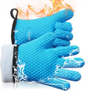 Kitchen Oven Gloves - Dual-Layer Heat Resistant Grilling Gloves, Silicone Oven Mitts with 5 Fingers, Waterproof Non-Slip Pot Holder for Barbecue, Cooking, Baking (XL-XXXL, Blue)