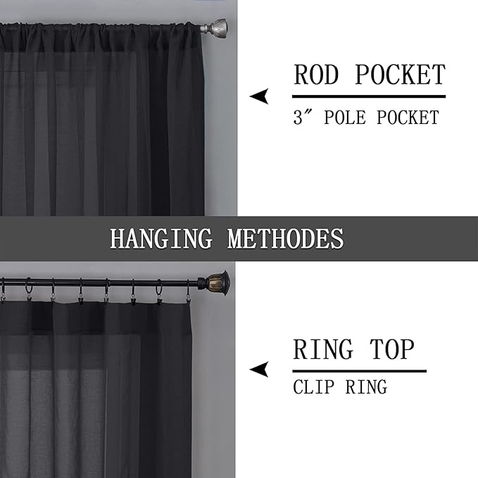 Tollpiz Sheer Curtains Linen Textured Living Room Curtain Sheers Light Filtering Rod Pocket Voile Curtains for Bedroom, 42 x 63 inches Long, Black, Set of 2 Panels