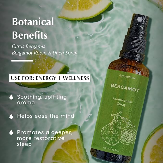 Bergamot Room, Linen & Pillow Spray by Aromafume | 100ml/3.38 fl oz | with Pure Bergamot Essential Oil | Aromatherapy Spray for Relaxation, Sleep & Stress Relief | Mist for Bedding, Fabric