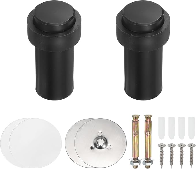 PATIKIL 2Set Round Door Stoppers, 80mm Stainless Steel Door Stop Doorstop Wedge Metal Cylinder Self Adhesive with Screw for Bottom of Door Floor Inside, Black