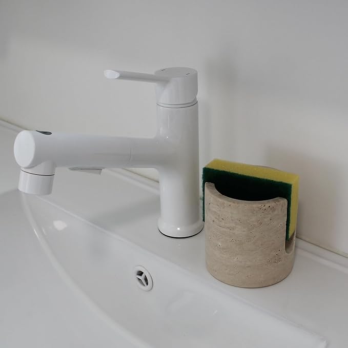 Natural Travertine Sponge Holder for Kitchen Sink, Drying Rack, Compact Sink Caddy Organizer (Beige Travertine)