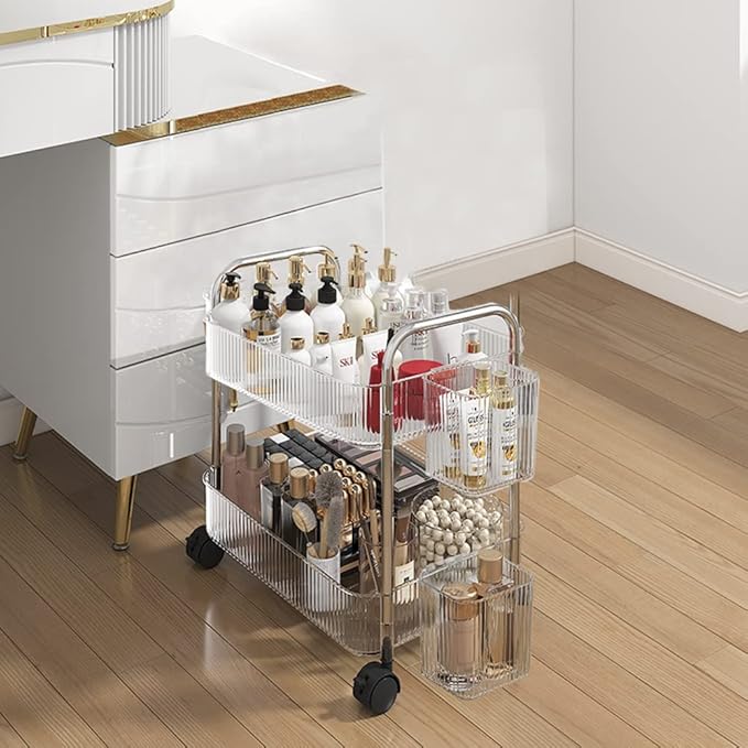 2-Tier Utility Rolling Cart Storage Organizer Sofa Side Table with Wheels, Under Desk Mobile Trolley Organizer with Handle and 2 Hanging Baskets for Office Home Kitchen Organization, Transparent