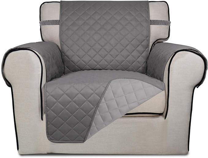 PureFit Reversible Quilted Sofa Cover, Water Resistant Slipcover Furniture Protector, Washable Couch Cover with Non Slip Foam and Elastic Straps for Kids, Dogs, Pets (Chair, Gray/Light Gray) Small