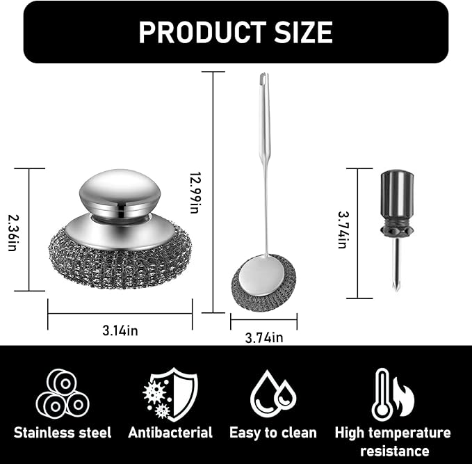 Stainless Steel Wool Metal Wire Scrubber Sponge Scouring Pads Brush Set with Handle for Cleaning Dishes,Pots and Pans,Kitchen Cast Iron,Stoves, Sink,Cooking Tools,Silver（9pcs）