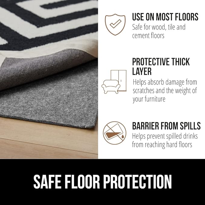 GORILLA GRIP Felt and Natural Rubber Stay in Place Slip Resistant Rug Pad, 1/8in Thick, 5x8 FT Protective Padding Under Area Rugs, Cushioned Gripper Pads, Carpet Runners, Hardwood Floors Protection