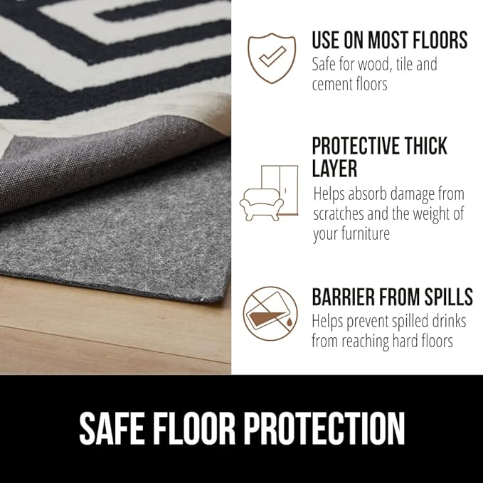 GORILLA GRIP Felt and Natural Rubber Stay in Place Slip Resistant Rug Pad, 1/8in Thick, 8x10 FT Protective Padding Under Area Rugs, Cushioned Gripper Pads, Carpet Runners, Hardwood Floors Protection