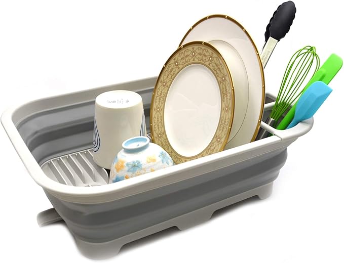 SAMMART 12L (3.17 Gallon) Collapsible Dish Drainer with Swivel spout - Foldable Drying Rack Set - Portable Dinnerware Organizer - Space Saving Kitchen Storage Tray (Grey)