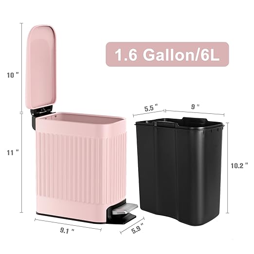 TrashAid Pink Bathroom Trash Can, 1.6 Gallon Stainless Steel Small Garbage Can with Lid, Step Pedal, Cute Wastebasket for Bathroom, Office, Bedroom, RV, Pink