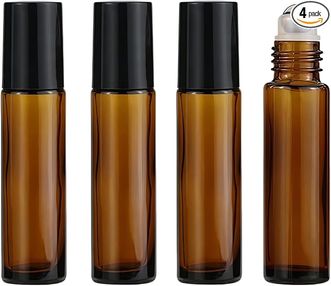 4 Pack 10ml Oil Essential Stainless Roller Bottles, Refillable Amber Glass Roller Bottles for Travel, Perfume and Lip Gloss with Steel Roller Balls and Caps
