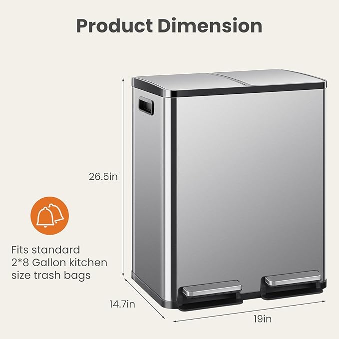 DUMOS Kitchen Trash Can, 2×8-Gallon Garbage Can with Lid, Stainless Steel Trash Bin with 2 Removable Inner Buckets, Soft-Close Foot Pedal, Fingerprint-Resistant for Kitchen Home Office