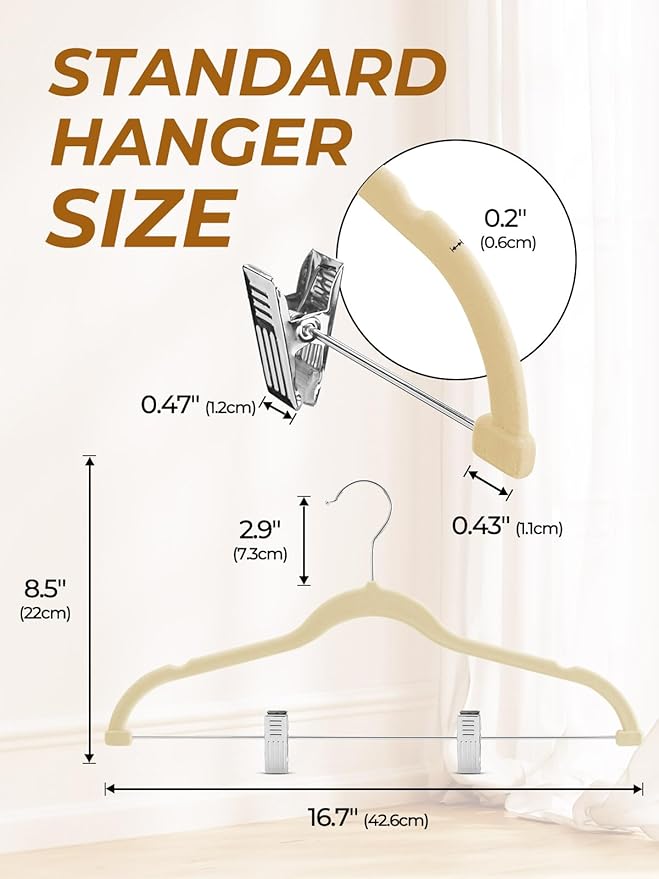 HOUSE DAY Velvet Skirt Hangers 12 Pack, Beige Velvet Pant Hangers with Adjustable Clips, Space Saving Slim Shorts Hanger, Heavy Duty Non Slip Clip Hanger for Pants, Skirts, Shorts