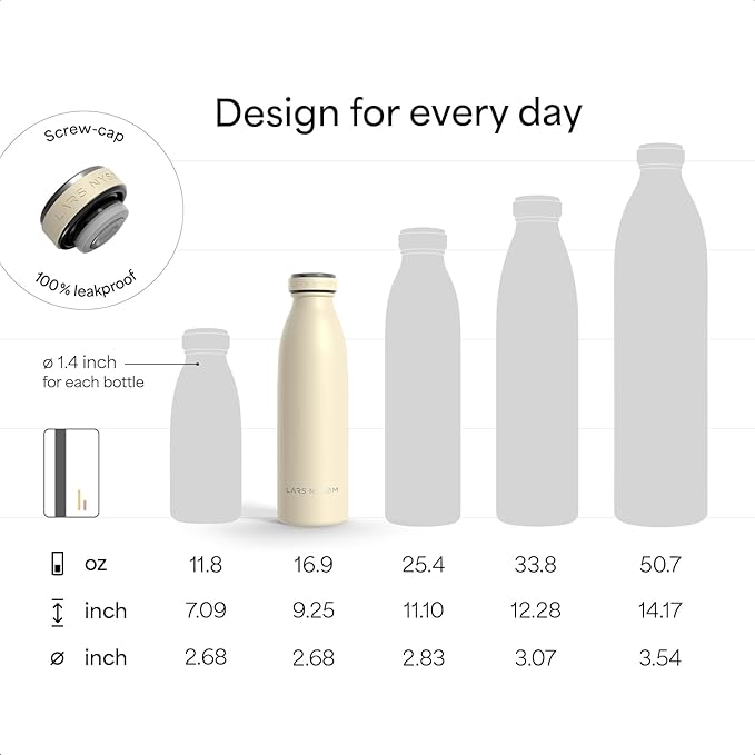 LARS NYSØM Stainless Steel Insulated Water Bottle 12oz 17oz 25oz 34oz 51oz | Insulated Thermo Flask for Hot and Cold Beverages | Leakproof Drinking Bottle (Carbon Black, 17oz)