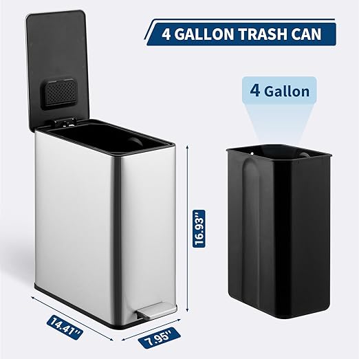 GarveeHome 4 Gallon Step Trash Can, 15 Liter Stainless Steel Rubbish Bin with Removable Inner Bucket, Rectangle Slim Garbage Can with Soft-Close Lid for Bathroom, Living Room, Office, Silver