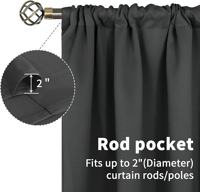 BGment Small Blackout Curtains 36 Inch Length for Kitchen Window Over Sink - Dark Grey Cafe Drapes Half Window with Rod Pocket for Rv Bathroom, 2 Panels, 34 x 36 Inch