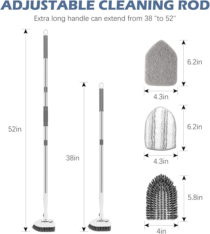 SetSail Floor Scrub Brush, 3-in-1 Tile Tub Floor Scrubber with 52-inch Adjustable Long Handle Shower Cleaner Brush and 4 Detachable Replacement Brush Heads for Cleaning Bathroom Tub Tile, White