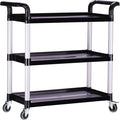 Plastic Utility Carts with Wheels, Heavy Duty 510lbs Capacity Rolling Service Cart, 3-Tier Restaurant Food Cart with Hammer for Office, Warehouse, Garage (Lockable Wheels, Black)